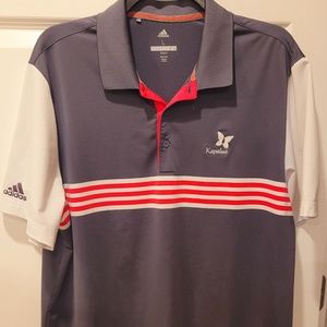 Adidas Golf Shirt - Kapaula logo.  Blue / gray with red strips. Men's Size L